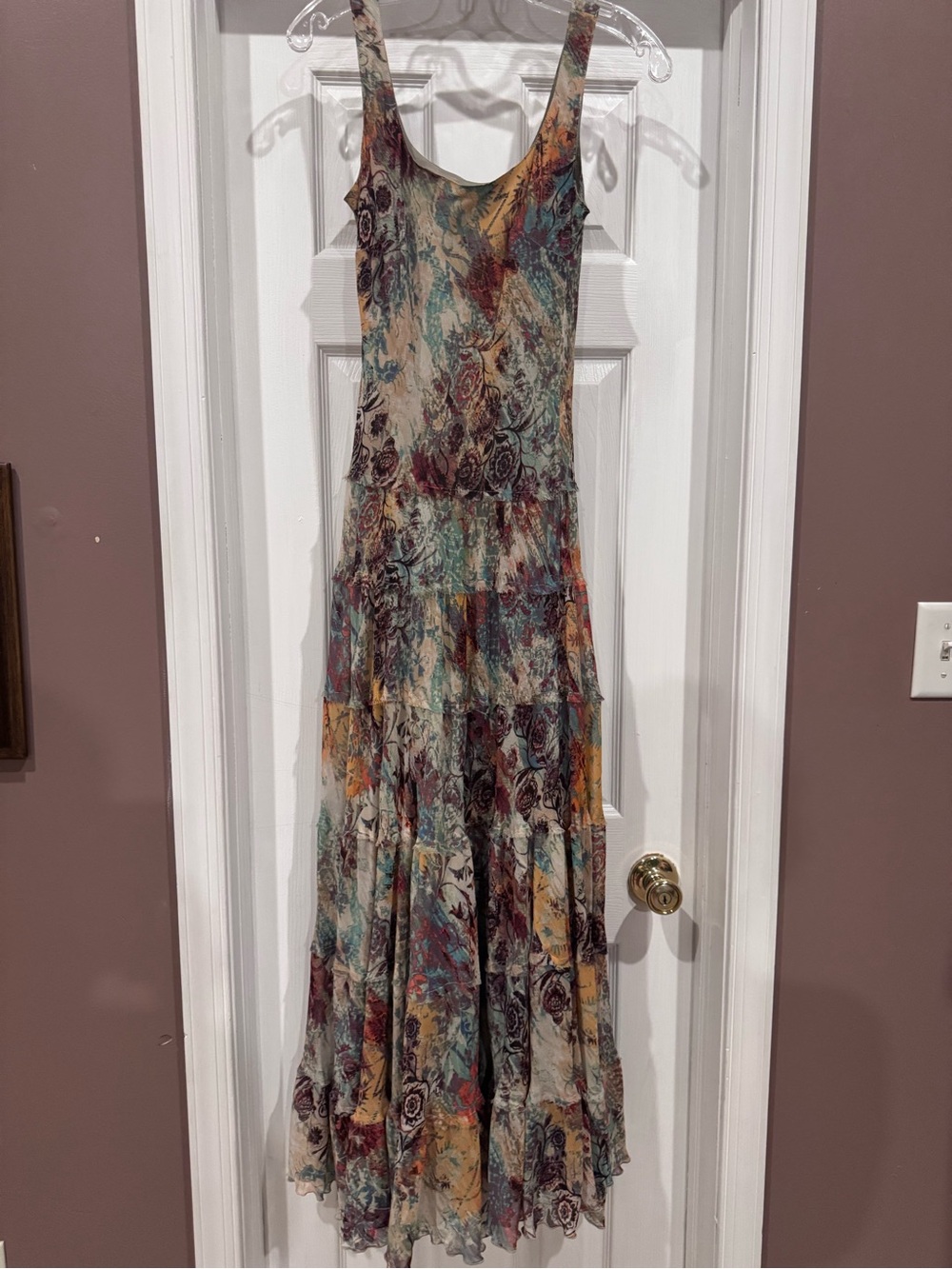 Kasper Floral Tiered Drop Waist Maxi Dress in Cream, Teal, Rust and Plum